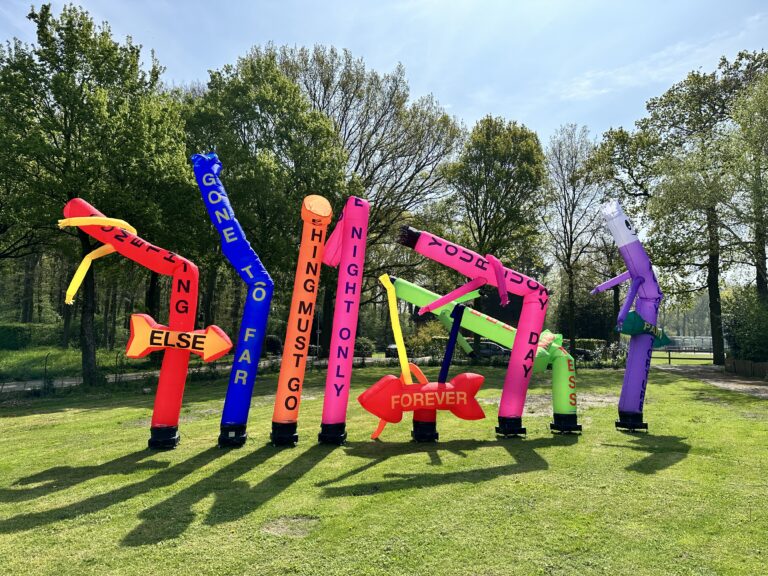 Meerdere gekleurde skydancers naast elkaar op een grasveld